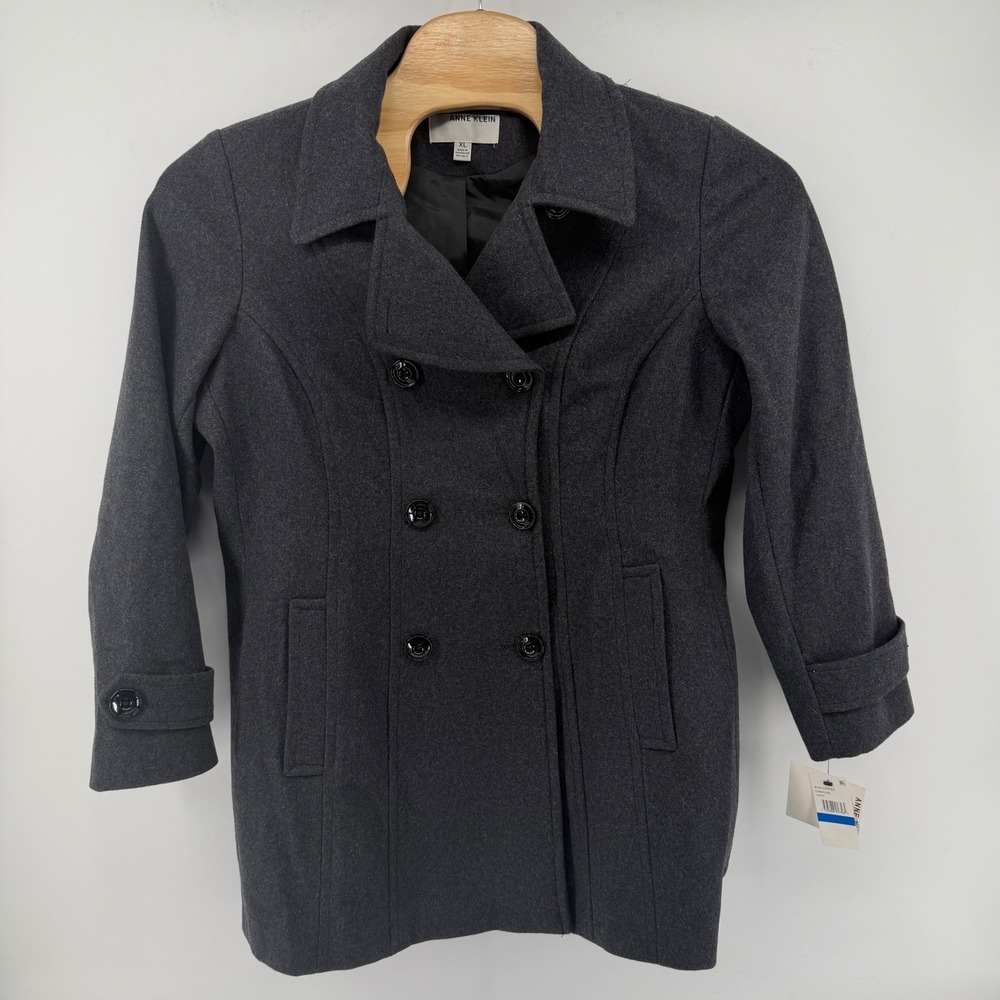 Anne Klein Pea Coat Women XL XLarge Charcoal Grey New Wool Blend Double Breasted